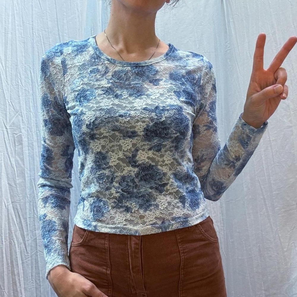 Blue Lace Floral Long Sleeve Top Vintage Y2K Madden Girl Small Coquette Whimsy